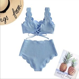 Women's ENA Scalloped Split Swimsuit Laces Blue